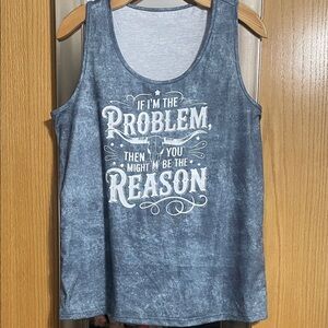 Graphic Tank Top with White Slogan Blue and white size Large Problem/Reason